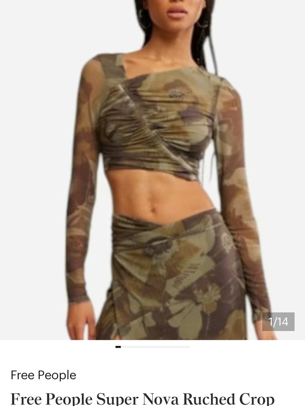 Free People Super Nova Ruched Crop Top - Green Animal Print